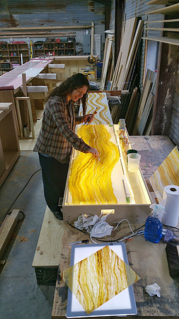 Behind the scenes "Arkansas Onyx", hand painted  custom stone for the bar in Fiamma Restaurant.