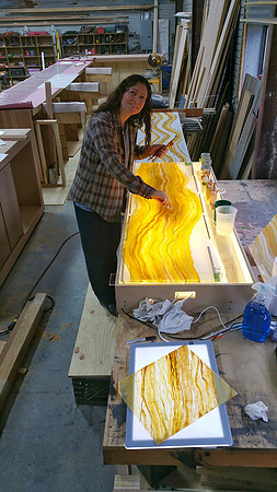 Behind the scenes "Arkansas Onyx", hand painted  custom stone for the bar in Fiamma Restaurant.